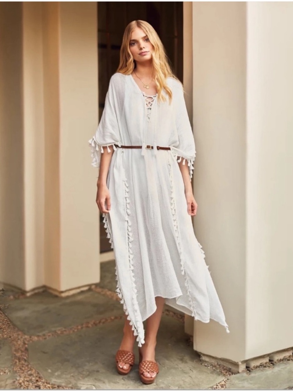 Walter Baker White Asymmetrical Tassel Kaftan Dress